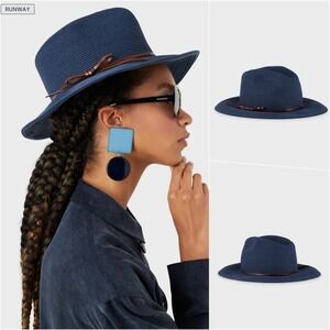 EMPORIO ARMANI Straw Hat Navy Blue Brown NWOT